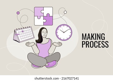 Woman resolving, making decision. clock, calendar and jigsaw. work-life balance. Time management, teamwork, work manage. Modern flat colorful vector illustration.