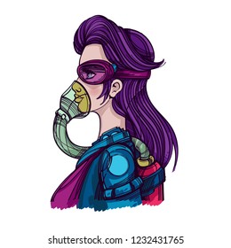 Woman in respirator mask. Character in a fantastic costume of the future.