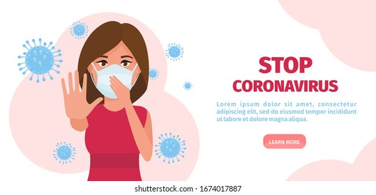 Woman in respirator and protective clothing with a hand up. Stop Coronavirus 2019-nCoV concept. Vector illustration