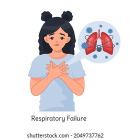 Mujer con insuficiencia respiratoria. Neumonía, dificultad para respirar. Infección por coronavirus. Síntomas del coronavirus. Ilustración vectorial al estilo de las caricaturas aisladas en un fondo blanco