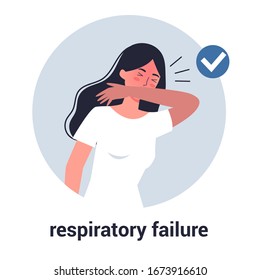 Mujer con insuficiencia respiratoria. Prevención y protección de virus. Alerta de coronovirus. Neumonía. Ilustración vectorial aislada en estilo caricaturista