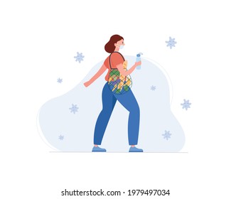 Woman with respiratory mask shopping healthy food. Female character with grocery turtle bag full of fruits and vegetables, holding water bottle. Vector illustration cartoon flat style