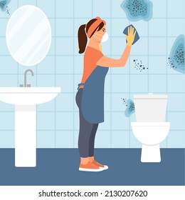 Una mujer con una máscara de seguridad respiratoria limpia la pared sucia en el baño con trapo. Esporas de moho tóxico, peligro para la salud. Humedad en el cuarto de baño. Medios para eliminar hongos y bacterias. Ilustración vectorial plana.