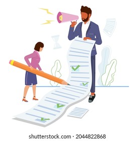 Woman responding to questionnaire, answering survey questions, flat vector illustration. Test, feedback, quiz, survey research.