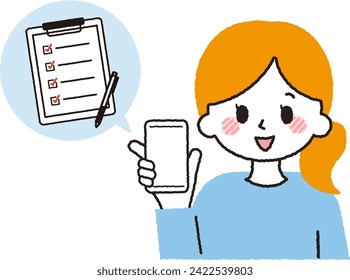 A woman responding to a questionnaire. A person doing input work on a smartphone.