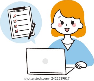 A woman responding to a questionnaire. A person doing input work on a computer.