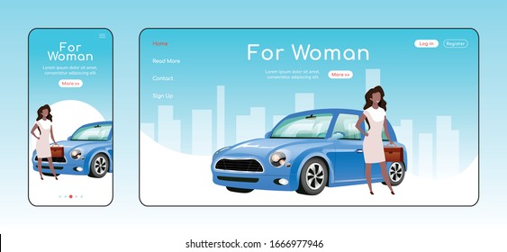 For woman responsive landing page flat vector template. Car showroom homepage layout. One page website UI with cartoon character. Stylish transport for ladies adaptive webpage cross platform design