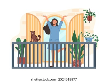 Woman rest at balcony. Young girl on balcony with cat and plants in flower pots. Comfort and coziness. Patio and veranda. Flat vector illustration isolated on white background