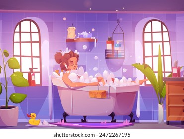 Woman rest in bath room sitting in white bathtub with foam. Girl take bath in shower space with window and plants, cabinet and cleaning products. Cartoon vector hygiene, health and body care concept.