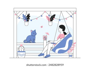 Woman rest on balcony. Young girl sits in hanging chair and looks out window with cat. Comfort and coziness indoors. Relax at terrace. Linear vector illustration isolated on white background