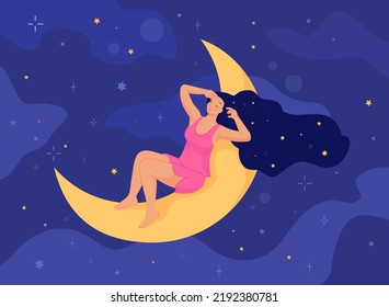 Woman rest on moon. Mystery girl calm dreaming and sleeping in night star sky, healthy deep sleep beautiful female with long dark hair wellbeing bedtime concept vector illustration of woman on moon