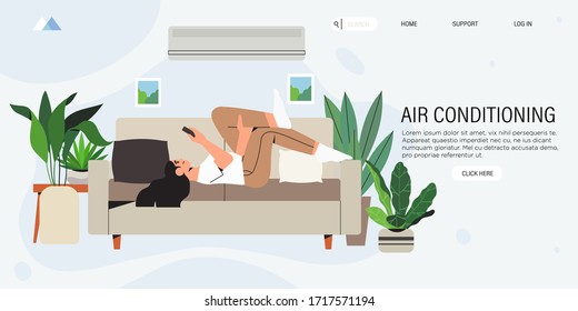 A woman rest on a sofa comfortably in a living room equiped with an air conditioning or cooling system during hot summer days and escaping heat.  Smart air conditioner climate control system for home.
