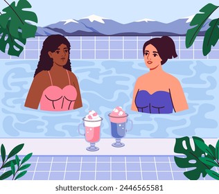 Woman rest in swimming pool. Young girls with ice creams in tropical and exotic countries. Beutiful characters in swimsuits with dessert and delicacy. Cartoon flat vector illustration