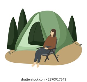 Woman rest with tent in a forest. Relaxation. Travel. Tourism. Icon. Card. Vector illustration. Cartoon. Flat design. White background. Green trees. Sitting. Lifestyle.