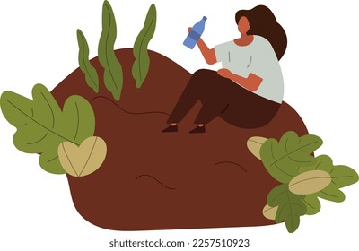 woman rest from work in the field.harvest and food concept.flat vector illustration.