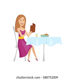 The woman in the restaurant for dinner. Vector illustration on a white background.