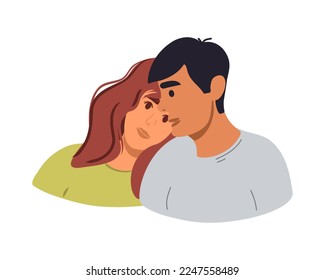 The woman rested her head on the man's shoulder. Flat vector illustration