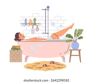 Woman resting in bathroom, female character laying in bathtub with foam. Vector girl taking bath in shower room. Hygiene, health and personal care. Lady in soapy water relaxing. Daily routine