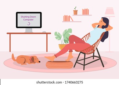 Woman resting in a chair and personal computer shutting down in a living room at home. Digital detoxing concept. Copy space for design or text. Flat style vector illustration