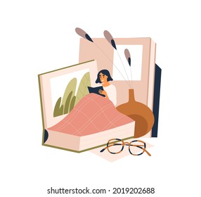 Woman resting in cozy bed with book. Relaxed person reading fiction literature. Reader in world of fantasies and novels. Reading hobby concept. Flat vector illustration isolated on white background