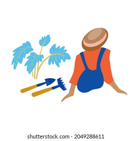 Woman Resting With Her Back Turned Away Near Garden Tools And Plants. Vector Illustration.