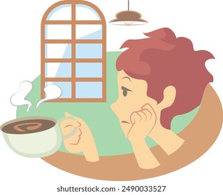 
A woman resting her chin listlessly and holding a coffee cup inside a cafe