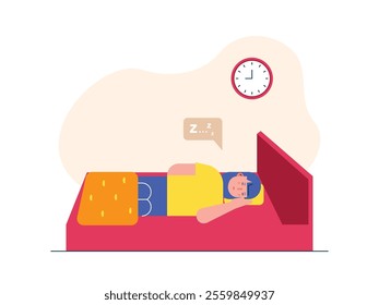 Woman resting in her room, getting enough sleep to protect her body health. Character design. Vector flat illustration