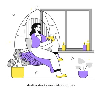 Woman resting at home linear. Young girl in cozy and comfortable apartment sitting in chair. Character with hot drink. Simple flat vector illustration isolated on white background