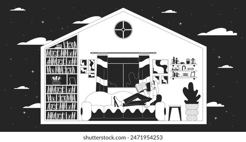 Woman resting in house black and white lofi wallpaper. Caucasian female reading book at cozy home 2D outline cartoon flat illustration. Domestic lifestyle vector line lo fi aesthetic background