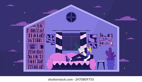 Woman resting in house lofi wallpaper. Caucasian female reading book at cozy home 2D cartoon flat illustration. Comfortable domestic lifestyle chill vector art, lo fi aesthetic colorful background