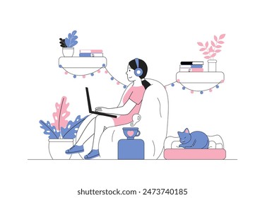 Woman resting with laptop. Young girl sits on pouf with computer in her hands. Gamer and e sportsman with video games. Person watches movies and TV series. Linear flat vector illustration