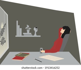 Woman resting to night. Teacher or student sitting on the chair with closed eyes. Girl holding cup of drink. Moon shines through window. Side view vector illustration