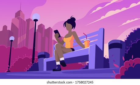 A woman resting on a bench in a park with a phone. Warm time at sunset in the city. Vector illustration, EPS 10