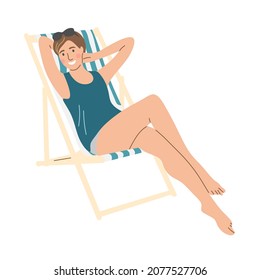 A woman is resting on a chaise longue. A tourist's beach vacation. Flat vector illustration.