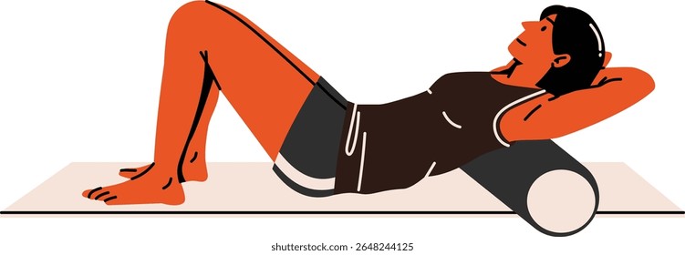 Uma mulher que descansa em um rolo de espuma para relaxar os músculos de volta ideal para recuperação ou design com tema de ioga.