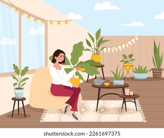 Woman resting on green terrace. Young character with mug of tea sits and looks at plants. Spring or summer season. Calmness and relaxation, comfort and coziness. Cartoon flat vector illustration