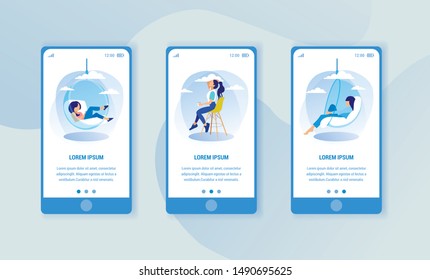 Woman Resting on Screen Three Modern Phone. Print Image. Three Smartphone on Blue Background. Coworking Center. Vector Illustration. Suspended Glass Armchair. Sit on Chair. Drinking Coffee. Women Rest