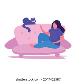 Woman resting on sofa with her cat flat vector illustration