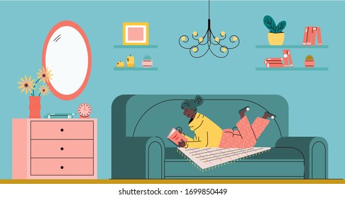 Woman resting on sofa and reading book in living room sketch vector illustration.