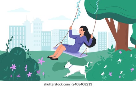 Woman resting on swing. Young girl with dog resting outdoor. Owner and domestic animal in city park. Fun and leisure at nature in spring or summer day. Cartoon flat vector illustration