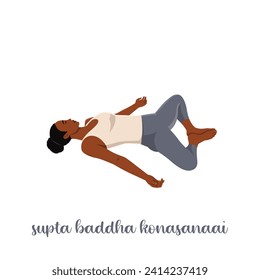 Woman resting in Reclining Bound Angle yoga Pose, Supta Baddha Konasana, restorative, relaxing asana. Flat vector illustration isolated on white background