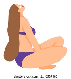 Woman resting and relaxing by seaside or pool, resort or tropics recreation and summertime holidays or weekends. Female character sitting, lady wearing swimsuit. Fashionable apparels, vector