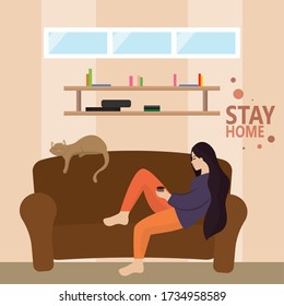 Woman resting in the room with a cat. Stay in home poster - Vector