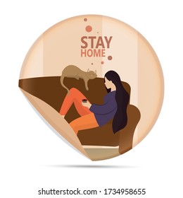 Woman resting in the room with a cat. Stay in home - Vector