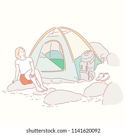 A woman is resting in a valley with a tent. hand drawn style vector design illustrations.