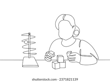 A woman is restoring motor activity after an illness. Knowledge of occupational therapy. World Occupational Therapy Day. One line drawing for different uses. Vector illustration.