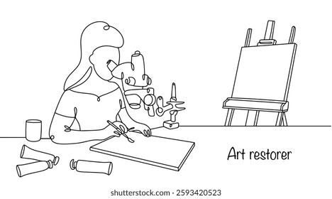 A woman is restoring an old painting. She looks through a microscope and restores a piece of art. Next to her stands an easel with a canvas. Working with historical value. Vector illustration.