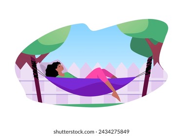 A woman rests in a hammock in nature. The character sleeps in a hammock near the fence in the backyard or country house. Leisure and recreation concept in vector isolated illustration.