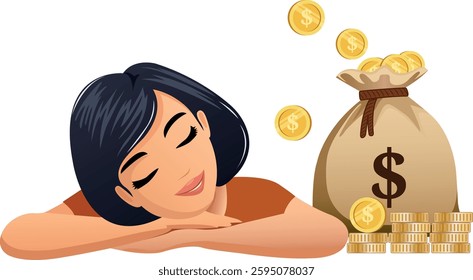 Woman rests peacefully beside a money bag with gold coins, symbolizing passive income, financial freedom, and wealth accumulation. The illustration represents effortless earnings and financial success