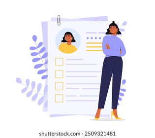 Mujer con currículum. Empresaria con Cartera. Candidato a trabajador vacante con Curriculum Vitae. Headhunting y reclutamiento en la empresa. Ilustración vectorial plana aislada sobre fondo blanco